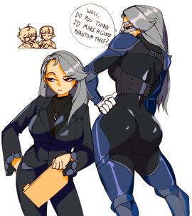 1boy 2girls 3amsoda alternate_costume ass atlus breasts clothing female grey_hair human makoto_niijima_(cosplay) male pale_skin persona persona_5 phantom_thief_suit sae_niijima