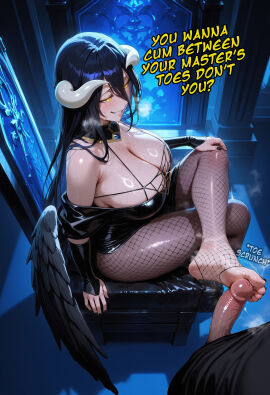 1boy 1boy1girl 1girls absurd_res ai_generated albedo_(overlord) barefoot big_breasts black_dress black_hair black_toenails blue_light blush blush_lines breasts crossed_legs curvy curvy_figure demon demon_girl demon_horns female fishnets foot_fetish foot_focus foot_worship footjob from-above golden_eyes high_resolution highres indoors lewdcreationsai light-skinned_female light_skin looking_down overlord_(maruyama) painted_toenails pov sexually_suggestive smug soles stable_diffusion steam steaming_body steamy_breath sweat sweatdrop sweating sweaty sweaty_foot tagme thick thick_legs thick_thighs thighs throne throne_room toenail_polish toes wrinkled_soles wrinkles yellow_eyes