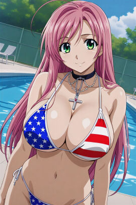 1girls 4th_of_july ai_generated akashiya_moka american_flag_bikini bikini cross_necklace day daytime fourth_of_july green_eyes hi_res hires long_hair looking_at_viewer necklace pink_hair pool poolside rosario+vampire smile stars straight_hair stripes united_states_of_america upscaled water