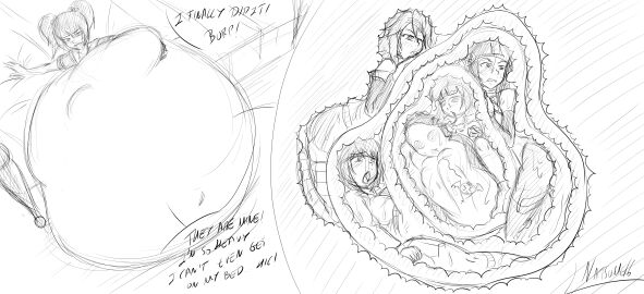 6girls akashiya_moka artist_signature bed big_belly english_text female female_only female_pred female_prey huge_belly inside_stomach internal internal_view kurono_kurumu massive_belly monochrome multiple_females multiple_girls multiple_prey natsumemetalsonic rosario+vampire sendou_yukari shirayuki_mizore shuzen_kokoa sketch solo_focus stomach text toujou_ruby vore vore_belly voreception