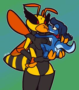 2024 3_toes antennae_(anatomy) anthro anthro_on_anthro arthropod arthropod_abdomen ass ass_grab black_body black_exoskeleton black_nipples black_sclera blue_body blue_hair blue_scales bodily_fluids breast_squish breasts butt_grab carrying_another exoskeleton eyewear feet female female/female glasses gradient_background grey_eyewear grey_glasses hair hand_on_ass hand_on_butt hymenopteran insect_wings insects kerchief kissing larger_anthro larger_female lizard mostly_nude nipples orange_antennae orange_mandibles pupils purple_eyes red_antennae red_body red_exoskeleton red_eyes red_kerchief red_wings reptile saliva saliva_string scales scalie simple_background size_difference smaller_anthro smaller_female squish toes tongue tongue_out ulti_(ultilix) ultilix unusual_anatomy unusual_eyes unusual_pupils wasp wings yellow_body yellow_exoskeleton yellow_sclera