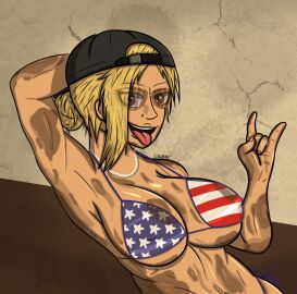 2d american_flag_bikini armpits arms_up artist_signature big_breasts bikini blonde_hair breasts cap female grand_theft_auto grand_theft_auto_vi huge_breasts large_breasts lisamix mud_girl_(gta_vi) short_hair tagme
