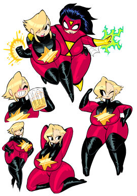 2girls beer black_eyes black_hair blonde_hair blush breasts captain_marvel carol_danvers female huge_breasts large_breasts marvel marvel_comics powers theguywhodrawsalot white_background