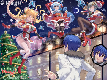 1boy 2d 2d_(artwork) 3girls ass big_breasts blonde_hair blue_eyes blue_hair breasts christmas_outfit city date_a_live female himekawa_yoshino honjou_nia hoshimiya_mukuro itsuka_shido light-skinned_female light_skin long_hair male medium_breasts night_sky panties pantyhose short_hair small_breasts thighs tsubasaki white_hair yellow_eyes