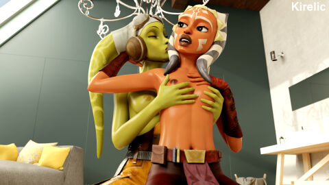 2girls 3d ahsoka_tano alien breasts clone_wars clothed clothing digital_media_(artwork) duo female female/female female_only green_body green_skin hera_syndulla hi_res kirelic lekku_(anatomy) multiple_females multiple_girls nipples older_dom_younger_sub star_wars star_wars_rebels the_clone_wars:_season_one togruta topless