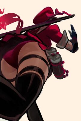 1girls 2025 absurdres ass assassin big_ass black_gloves black_hair braid dress female female_only gloves hat heroine highres human human_only long_hair low-angle_view marvel marvel_comics marvel_rivals mutant_(marvel) ninja paag panties peterchai peterchai58 psylocke psylocke_(sai)_(blood_kariudo) running skirt solo solo_female sword thick_thighs thighhighs twin_braids underwear weapon x-men