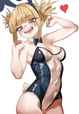 animal_ears armpits arms_up black_bow black_bowtie blonde-haired_female blonde_hair blunt_bangs boku_no_hero_academia bow bowtie breasts detached_collar double_bun english_commentary fake_animal_ears fake_tail female hair_bun heart highleg highleg_leotard himiko_toga leotard looking_at_viewer medium_breasts meme_attire messy_hair my_hero_academia nontraditional_playboy_bunny open_mouth playboy_bunny pussy rabbit_tail see-through see-through_leotard short_hair smile solo strapless strapless_leotard tail teeth toga_himiko traditional_bowtie translucent_bunnysuit uncensored white_background yellow_eyes zd_(pixiv6210083)