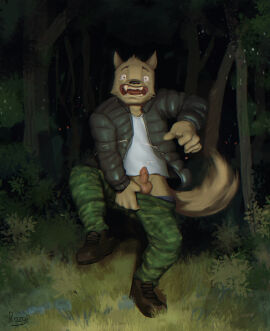 anthro balls bodily_fluids bottomwear bottomwear_down canid canine caught clothed clothing coat digital_media_(artwork) fangs flashlight footwear foreskin forest fox fur genital_fluids genitals hi_res humanoid_genitalia humanoid_penis looking_at_viewer male mammal night on_one_leg open_mouth outside pants pants_down partially_clothed peeing penis plant rozgi shirt shoes simple_background small_penis solo standing surprise surprised_expression tail teeth tight_foreskin topwear tree uncircumcised underwear underwear_down urine urine_stream
