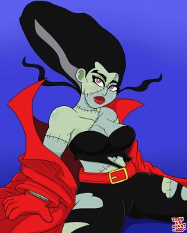 1girls belt belt_buckle big_hair creature_commandos dc dc_comics dcu dopeisnukat female green_skin pink_eyes red_gloves red_jacket red_lipstick sfw stitches the_bride the_bride_(creature_commandos) thighs undead undead_female