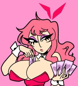 1girls arrabbiatahoe bia_(arrabbiatahoe) big_breasts black_eyes breasts bunny_ears bunnysuit cards cleavage curly_hair female flat_colors huge_breasts long_hair makeup pink_hair solo