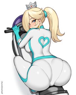 1girls ass ass_focus back_view big_ass biker_clothes blonde_hair blue_eyes bodysuit breasts crown female kuroonehalf looking_at_viewer mario_(series) mario_kart mario_kart_world motorcycle nintendo official_alternate_costume one_eye_obstructed pantylines ponytail princess_rosalina princess_rosalina_(aero) sideboob skin_tight smile solo tight_clothing
