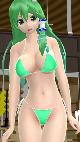 1girls 2023 3d adult_female belly_button below_view bending_forward bikini breasts clavicle cleavage female frog_hair_ornament green-haired_female green_bikini green_eyes hati_yukkuri_mmd hips human indoors interior_background jpeg light-skinned_female light_skin long-haired_female looking_at_viewer mmd open_mouth sanae_kochiya shrine shrine_maiden snake_hair_ornament solo_female solo_focus swimsuit touhou waist