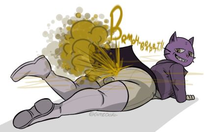1boy 2d 2d_(artwork) ass brown_fart brown_fart_cloud bulge bulge_through_clothing butt_focus buttons cat_ears clothes clothes_lift clothing crossed_arms fart fart_cloud fart_fetish farting fear_and_hunger feline feline_humanoid formal_clothes formal_wear fully_clothed furry furry_only headwear legwear looking_at_viewer looking_back looking_back_at_viewer lying lying_down lying_on_stomach male male_fart male_focus male_only mask no_tail nonhuman odka onomatopoeia pocketcat pocketcat_(fear_&_hunger) purple_clothing purple_mask raised_leg shoes smile smirk smirking_at_viewer solo_male teeth thick_thighs tight_clothing whiskers