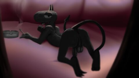 16:9 anthro anus ass balls bed bedroom_eyes cigarette demon disenchantment furniture genitals herrmoki hi_res luci_(disenchantment) lying male narrowed_eyes netflix nude on_front penis pose presenting presenting_anus presenting_hindquarters seductive smile smiling_at_viewer smoke smoking solo teeth widescreen