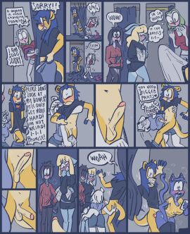 1boy 5girls anthro aroused balls ballsack big_penis big_penis_adoration big_penis_embarrassment blush bottomless_male bulge cant_hide_erection comic embarrassed embarrassed_horny erection eyewear female forced_exposure genitals glasses group herpestid hi_res male male/female mammal meerkat penis penis_awe samrockwell420 scrotum smooth_penis staring_at_penis testicles text tigerthemeerkat uncensored