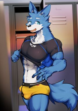 abs absurd_res anthro asleepchef balls balls_outline biceps blue_body blue_eyes blue_fur boxers_(clothing) bulge canid canine canis clothed clothing clothing_lift detailed_bulge domestic_dog erection erection_under_clothing fur genital_outline hair hi_res hybrid locker_room male mammal multicolored_body multicolored_fur muscular muscular_male pecs penis penis_outline pose shirt shirt_lift smile solo standing topwear two-tone_body two-tone_fur underwear undressing wolf yakumo_(asleepchef)