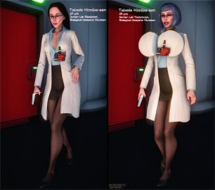 3d bimbo bimbo_body bimbo_lips bimbofication bimbofied blue_hair bobcut breasts clothing fake_breasts female holding_object honeyboy3d implants looking_at_viewer original_character pantyhose scientist slender_body text transformation