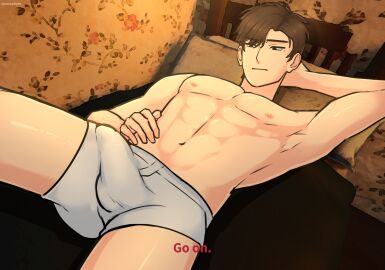 1boy 2d abs alternate_version_available arms_behind_back athletic athletic_male bed bedroom belly_button black_eyes brown_hair bulge clothed clothing dialogue digital_drawing_(artwork) digital_media_(artwork) english_text hand_on_hip looking_at_penis male male_focus male_only muscular muscular_male nexophyte open_clothes open_shirt pants penis penis_bulge roblox roblox_game roblox_horror_games robloxian solo solo_focus solo_male source_request text the_butchery white_skin william_(the_butchery)