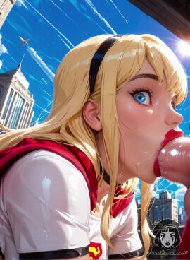 1boy 1girls ai_generated ai_video alberist blonde_hair blue_eyes cape choker city close-up crop_top fellatio headband oral penis_grab red_lipstick skyline straight supergirl tagme video wet_penis white_shirt