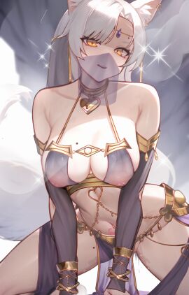 absurdres animal_ear_fluff animal_ears asymmetrical_bangs breasts cleavage collar commission convenient_arm dancer detached_sleeves earrings female female_only fox_ears fox_girl fox_tail gold_collar headpiece heart-shaped_lock highres jewelry kneeling large_breasts leaning_forward long_hair mellow_(srpp4843) metal_collar mole mole_on_breast mole_on_thigh mouth_veil navel nipples open_mouth original parted_bangs pelvic_curtain pixiv_commission pubic_tattoo pussy pussy_juice revealing_clothes see-through solo sparkle stomach tail tattoo veil yellow_eyes