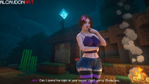 1girls 3d a_minecraft_movie alcaudonart big_breasts breasts campfire celebrity crop_top emma_myers female flower_in_hair forest house jeans jenny_belle_(slipperyt) looking_at_viewer minecraft natalie_(a_minecraft_movie) solo striped_legwear talking_to_viewer