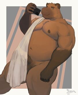 5_fingers absurd_res anthro brown_body brown_fur capybara caviid electronics fingers fur genitals hi_res holding_object holding_phone looking_at_viewer male mammal multicolored_body multicolored_fur muscular muscular_male navel nipples nude penis phone rodent rojoslushy selfie signature smile solo standing taking_picture towel two-tone_body two-tone_fur