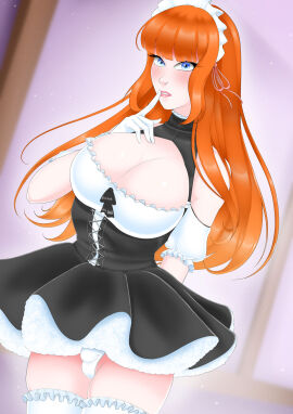 1futa blue_eyes breasts bulge finger_to_mouth futa_only futanari glove intersex jesscatg large_breasts long_hair low_cut_top maid maid_headdress maid_outfit maid_uniform orange_hair penis penis_bulge penis_in_panties scarlet_(jesscatg) skirt solo stockings