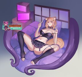 ahoge animal_ears black_legwear blonde_hair breasts choker cleavage crop_top double_v female hair_ornament hairclip long_hair looking_at_viewer midriff miniskirt nail_polish navel panties pleated_skirt sitting skirt smile solo spread_legs squchan_(vtuber) striped striped_panties tail toeless_legwear tongue tongue_out underwear v vyugen