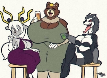 2024 3girls animal_humanoid artist_name bear bear_girl big_breasts black_bra black_legwear breasts brown_body brown_fur chair claws closed_eyes commission commission_art deer deer_girl digital_media_(artwork) female female_only grey_body grey_fur hi_res holding holding_drink huge_breasts long_dress long_horns looking_at_viewer multicolored_body multicolored_fur multiple_females multiple_girls nintendo obstagoon open_mouth open_smile pokemon pokemon_(species) purple_dress purple_eyes red_eyes signature sitting smiling smiling_at_viewer tansau tongue tongue_out ursaluna white_background white_body white_fur white_hair white_tail wolf wolf_ears wolf_girl wyrdeer