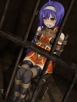 1girls ahoge bare_thighs belt blush bondage boots bound bound_arms bound_legs bound_to_chair bound_wrists breasts captured chair cleave_gag crying crying_with_eyes_open dress dungeon female female_only femsub femuto fingerless_gloves fire_emblem fire_emblem:_path_of_radiance fire_emblem:_radiant_dawn gag gloves green_eyes headband improvised_gag indoors knot_gag long_hair medium_breasts mia_(fire_emblem) motion_lines nintendo prison_bars purple_hair pussy remote_control_vibrator restrained rope rope_bondage sex_toy sitting sleeveless solo sweater thighhighs thighs trembling vaginal_penetration very_long_hair vibrator
