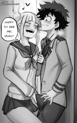 1boy 1girls blush deku devilukez dont_stick_your_dick_in_crazy double_bun erection erection_under_clothes female greyscale himiko_toga izuku_midoriya male monochrome my_hero_academia penis school_uniform short_hair shounen_jump skirt sweat tagme thighs u.a._school_uniform unexpected_erection yandere