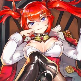 big_breasts black_boots blue_eyes breasts cleavage color crossed_legs female female_focus female_only game_cg hair_between_eyes hair_ornament hairclip head_on_hand head_tilt jacket_on_shoulders last_origin leather_boots long_boots long_hair looking_at_viewer may_of_doom military_jacket military_uniform mole mole_on_breast paintale pantyhose red_hair sitting smile smiling smiling_at_viewer twintails white_uniform