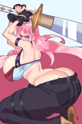 angry ass battle_stance breasts clothed clothed_female clothing female female_focus female_only oc original original_character pink_eyes pink_hair solo solo_female sword tecfuzz weapon