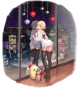 2girls ass azur_lane backless_outfit balloon bare_shoulders black_legwear black_thighhighs blonde_hair blue_eyes blush bow box breasts cg christmas_ornaments city_lights cityscape closed_mouth dark-skinned_female dark_skin dress from_behind full_body garter_straps gift gift_box hair_between_eyes hair_ornament hairband hairbow hairclip hat heart holding indoors large_breasts long_hair long_sleeves looking_at_viewer looking_back marblehead_(azur_lane) marblehead_(charmer_in_the_snowy_reflection)_(azur_lane) mirror multicolored_hair multiple_girls night night_sky no_shoes off-shoulder_sweater off_shoulder official_art pink_hair reflection reflective_floor ribbed_sweater santa_hat short_hair sky smile snow snowing standing star_(sky) starry_sky stuffed_animal stuffed_toy sweater sweater_dress teddy_bear thighhighs thighs two-tone_hair white_sweater window wooden_floor x_hair_ornament yuri