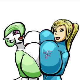 2girls :d blonde_hair breast_expansion breast_growth breast_growth_(enlargement) breast_press breasts bursting_breasts cleavage colored crossover expansion expansion_sequence female gardevoir green_eyes green_hair huge_breasts long_hair metroid multiple_females multiple_girls nintendo oniontrain pink_eyes pokemon pokemon_(species) ponytail pressing_breasts_together samus_aran short_hair smile tied_hair tight_clothing zero_suit_samus