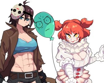 2girls abs absurd_res alan_(the_amazing_world_of_gumball) alan_keane balloon bishoujo_jason bishoujo_jason_voorhees bishoujo_pennywise bishoujo_terror blue_eyes boob_window breasts brown_hair cleavage cleavage_cutout cleavage_window clothed clothing clown clown_girl clown_makeup cuts dashi_art fair-skinned_female fair_skin female female_only friday_the_13th gloves hair_tie hi_res hockey_mask it it_(stephen_king) jason_voorhees lipstick machete mask midriff muscular muscular_female orange_eyes orange_hair pennywise rule_63 scar simple_background smile the_amazing_world_of_gumball tomboy toned toned_female twintails weapon yellow_eyes