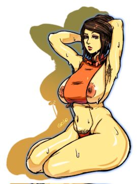 1girls 2d armpit_hair armpits arms_up bastila_shan big_breasts breasts chubby female female_armpit_hair female_pubic_hair hairy_armpits jedi knights_of_the_old_republic knights_of_the_old_republic_(series) massive_breasts plump posing pubic_hair pubic_hair_peek solidusgrilo star_wars sweat sweatdrop