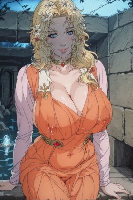 ai_art ai_generated aphrodite_(shuumatsu_no_valkyrie) blonde_hair blue_eyes choker_collar female forest frilled_shirt greco-roman_architecture greco-roman_clothes greek_clothes hair_flower hair_ornament oppai record_of_ragnarok renelaw94 shuumatsu_no_valkyrie tensor.art tensor_art waifu