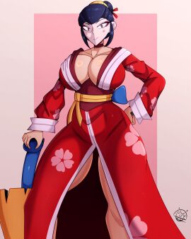 asian_clothing brawl_stars breasts cleavage cleavage_overflow clothed_female clothing face_paint female kasa-obake_piper kimono large_breasts light-skinned_female light_skin looking_at_viewer piper_(brawl_stars) supercell thick_thighs tr_yithaz