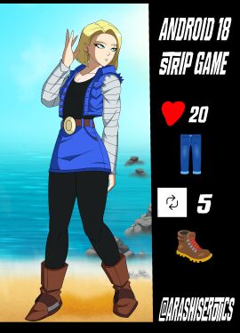 android_18 arashisart blonde_female blue_eyes cyborg dragon_ball strip_game stripped_naked sunlight