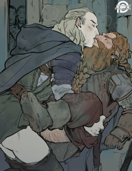 2boys anal_sex armor bara beard blonde_hair blush blushing_male boots breath_cloud cloak clothed clothed_sex dwarf dwarf_male elf elf_male gay gay_sex gimli grabbing_waist hairy j._r._r._tolkien kissing kissing_while_penetrated kissing_while_penetrating legolas long-haired_male long_hair lord_of_the_rings male male_only missionary_position pants_partially_removed pants_pulled_down penetration pointy_ears reapersun red_hair walking_in_on yaoi