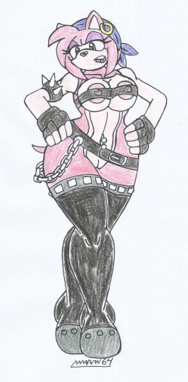 amy_rose bad_girl bandana belt chains earring exposed_areola exposed_pussy exposed_torso female furry gloves green_eyes hedgehog_girl high_heel_boots lip_piercing long_boots marlon64 naked_female navel_piercing pink_body pink_fur pink_hair punk_girl purple_makeup pussy solo_female sonic_(series) spiked_bracelet topwear_only traditional_drawing_(artwork) white_background