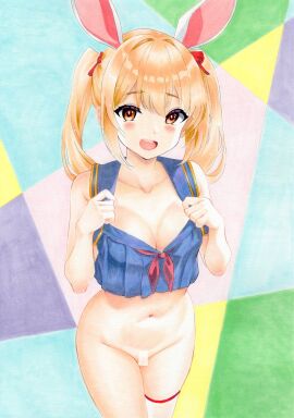 abstract_background absurdres animal_ears armpit_crease asymmetrical_legwear bar_censor blonde_hair blue_shirt blush bottomless breasts censored center-flap_bangs cleavage cleft_of_venus collarbone colorful commentary_request cowboy_shot crop_top cropped_shirt double-parted_bangs female hair_ribbon hands_up highres hiro_(dolche-101-hiro) large_breasts long_hair looking_at_viewer midriff navel neckerchief open_mouth original pleated_shirt pussy rabbit_ears red_eyes red_neckerchief red_ribbon ribbon shirt single_thighhigh sleeveless sleeveless_shirt smile solo standing teeth thighhighs traditional_media twintails upper_teeth white_thighhighs