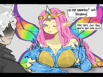 1boy 1girls big_breasts breasts chowocy cleavage crown cute cute_expression cute_face dialogue dialogue_bubble empress empress_of_light faceless_male fairy fairy_wings female long_hair male meme no_nut_november pink_hair pointy_ears re-logic simple_background sketch tagme terraria yellow_body yellow_skin