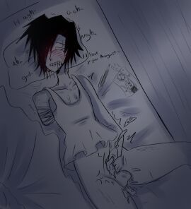 1boy bedroom bite_mark black_hair blush bottomless bottomless_male cum cumming_from_masturbation ejaculation gertrude_schwartz_(melancholyangel07) jerkingoff male male_moaning male_only masturbating_to_person masturbation moaning moaning_name original original_character pantsless scratches self_bite sex_toy skinny toony vibrator_in_ass