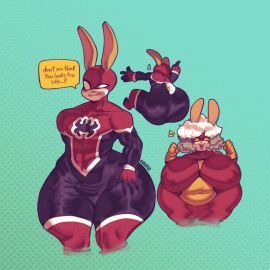 1:1 absurd_res anthro anthro_only ass belly big_ass big_belly big_breasts big_butt blush bodily_fluids breasts clothed clothing cosplay duo eldiipiid female femboy fur hair harry_gray_(eldiipiid) hi_res huge_ass huge_breasts huge_butt hyper_ass hyper_breasts lagomorph leporid male mammal marina_gray_(eldiipiid) marvel marvel_comics nipple_outline open_mouth overweight overweight_female rabbit simple_background speech_bubble spider-man_(character) spider-man_(series) spider-woman sweat text thick_thighs white_body white_fur wide_hips