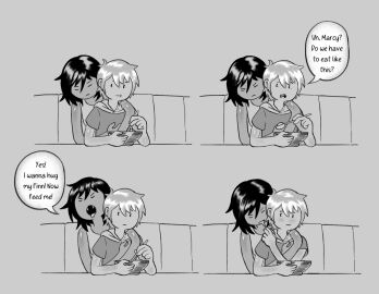 1boy 1girls adventure_time arms_around_partner black_hair bowl breakfast cereal closed_eyes couple dialogue eating fangs feeding female finn_the_human human lofty_(artist) looking_at_another male marceline open_mouth short_hair sitting smile spoon tired tongue tongue_out vampire wholesome