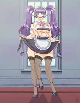 3_legs 4_arms 6_breasts accessworld blue_eyes boob_window breasts female maid multi_arm multi_breast multi_leg multi_limb purple_hair skirt_lift thighhighs