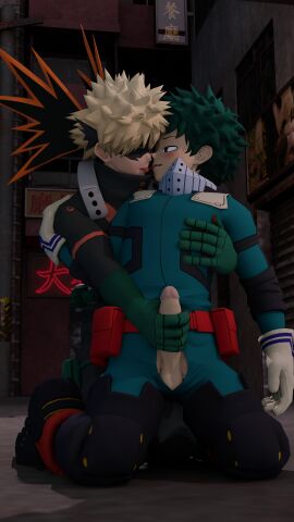 2boys 3d alley alleyway clothed clothing costume gay gloves hand_on_breast handjob izuku_midoriya jerking jerking_off_another jerkingoff_another katsuki_bakugou male male_only my_hero_academia night public_nudity public_sex reach_around risky_sex superhero_costume yaoi