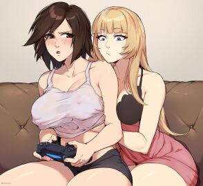 2girls allen_skies allen_skies02 bare_shoulders blonde_hair blunt_bangs blush breasts brown_eyes brown_hair cleavage controller emilie_de_rochefort female female_focus female_only game_controller gamepad gaming grabbing grabbing_another's_breast grabbing_from_behind groping hand_under_clothes highres holding holding_controller holding_game_controller kazama_asuka large_breasts long_hair molestation multiple_females multiple_girls namco navel nipple_stimulation nipple_tweak nipples one_breast_out open_mouth playstation_controller short_hair tank_top tekken tomboy yuri